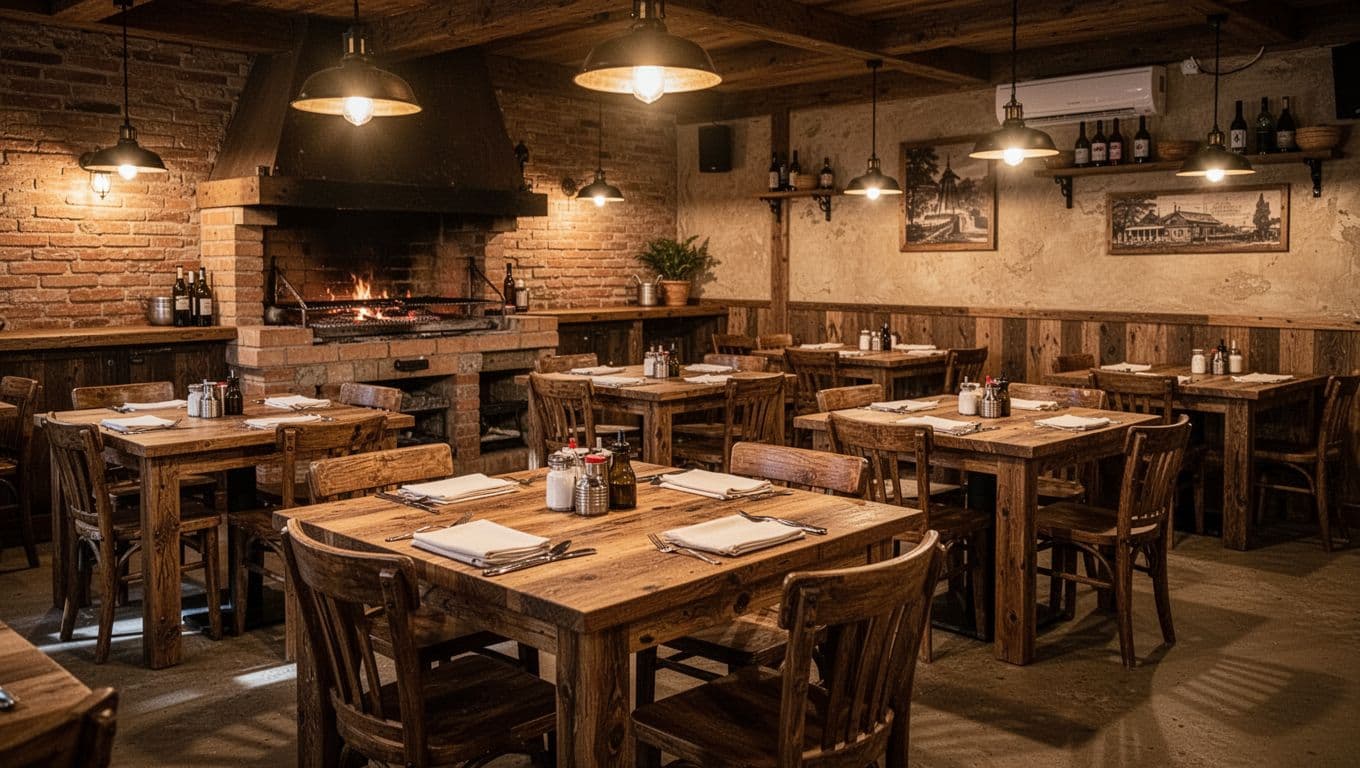 An empty rustic dining room with wooden tables and warm pendant lighting.