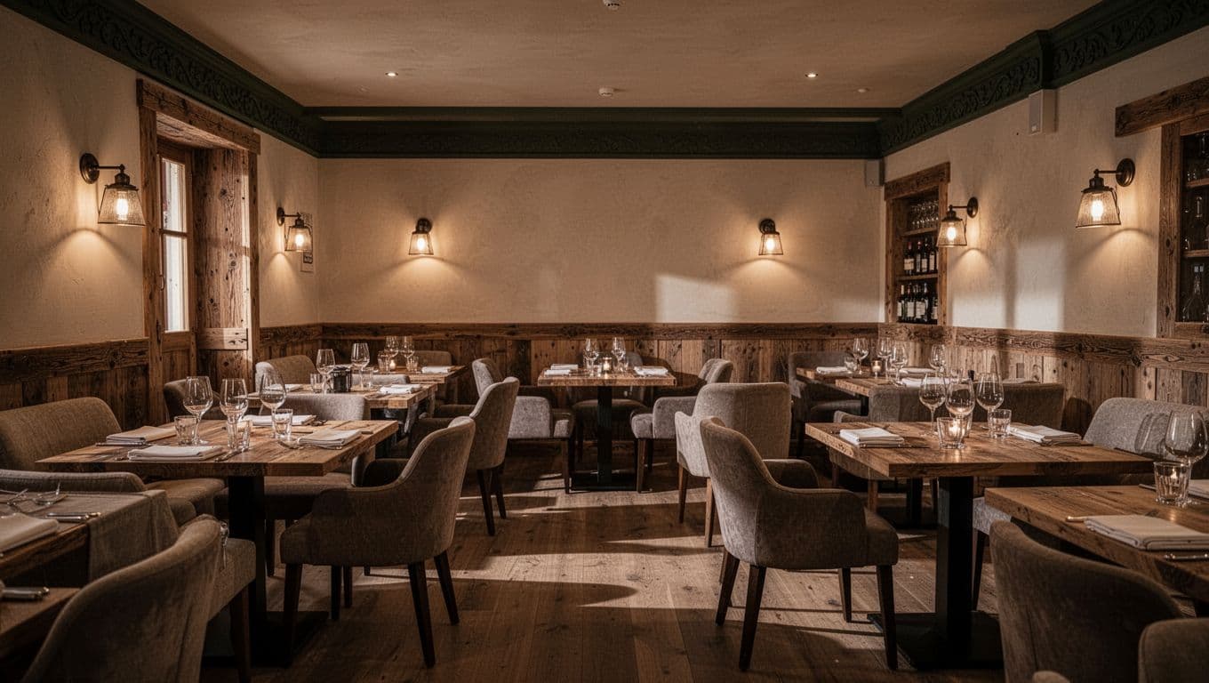 A dimly lit dining area features polished wooden tables and cushioned chairs under warm ambient glow. Dark green accents line the upper wall space, creating a refined and intimate local atmosphere.