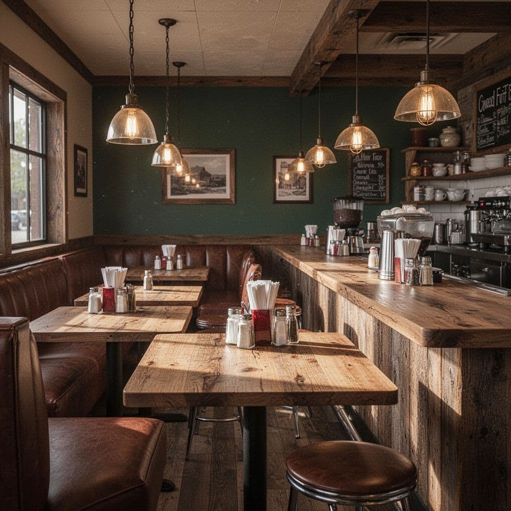 An empty rustic diner interior featuring wooden tables, booths, and warm pendant lighting.