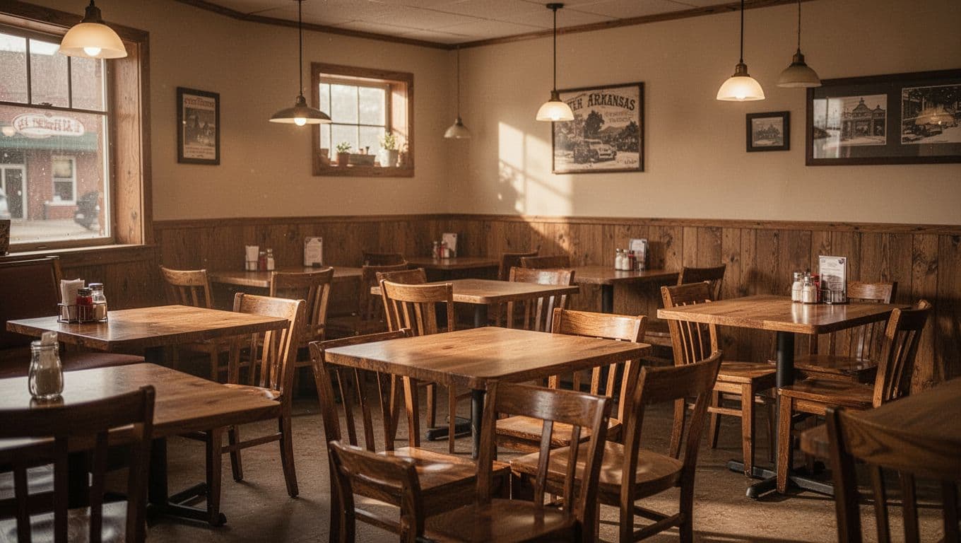 Rustic wooden tables and chairs fill a quiet dining room featuring warm ambient lighting. Minimalist wall decor creates an inviting atmosphere typical of local eateries found throughout rural Arkansas small towns.