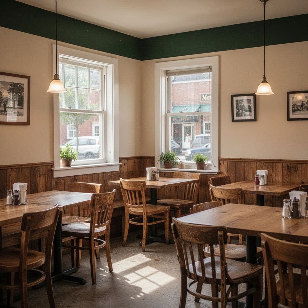A tidy, bright restaurant interior featuring wooden furniture and a green sign on the wall.
