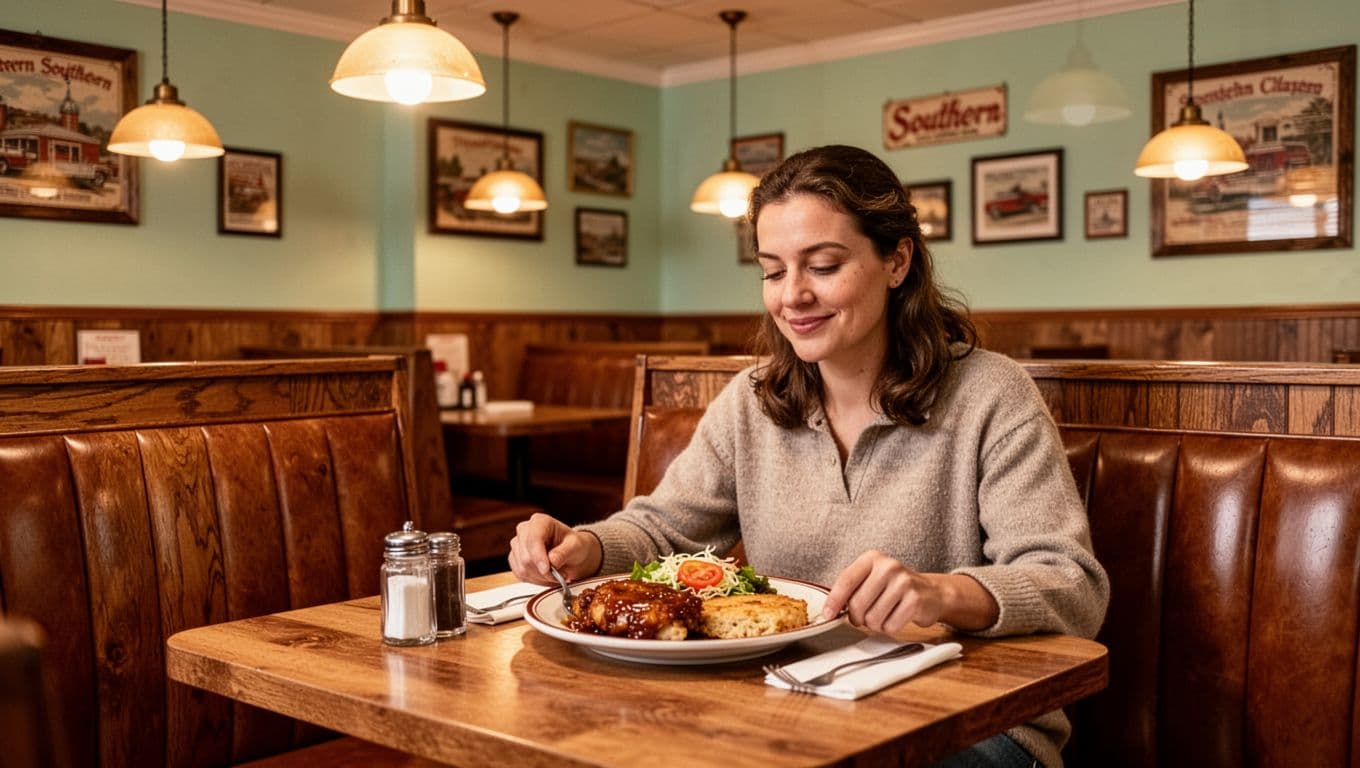 A cozy diner with wooden tables, comfort food, and one person near the back.