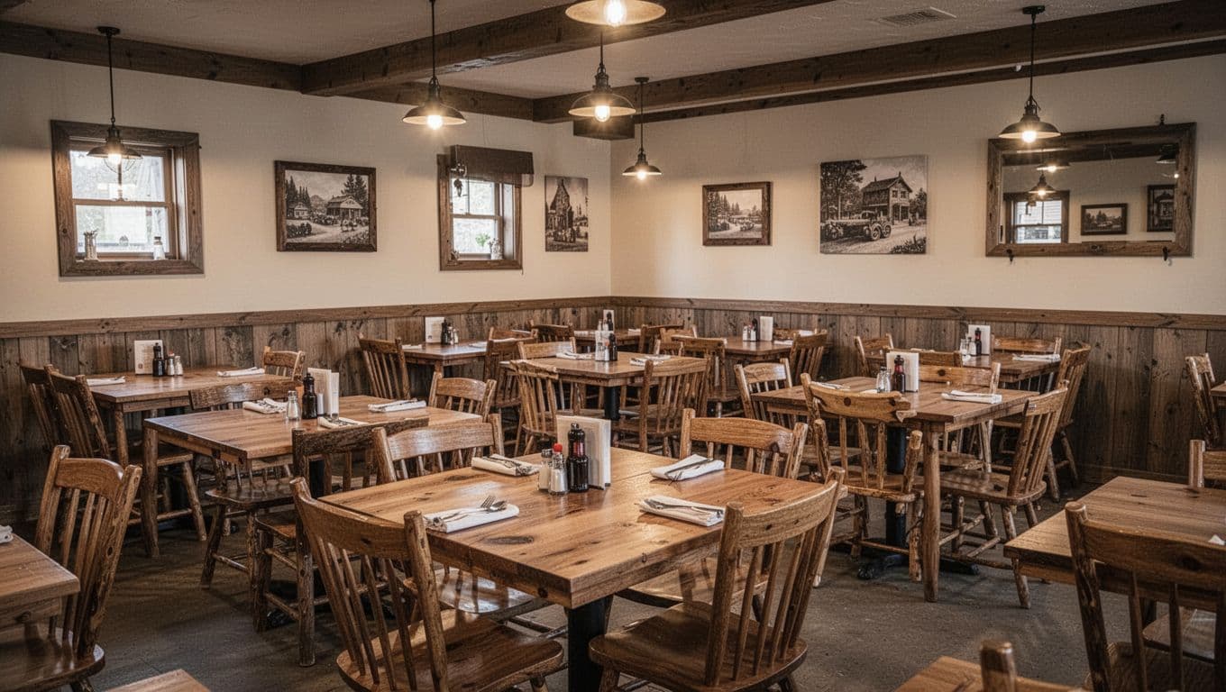 Several wooden tables and chairs fill a warm restaurant interior featuring soft ambient lighting. A green banner with bold geometric text hangs prominently across the top of this inviting dining space.