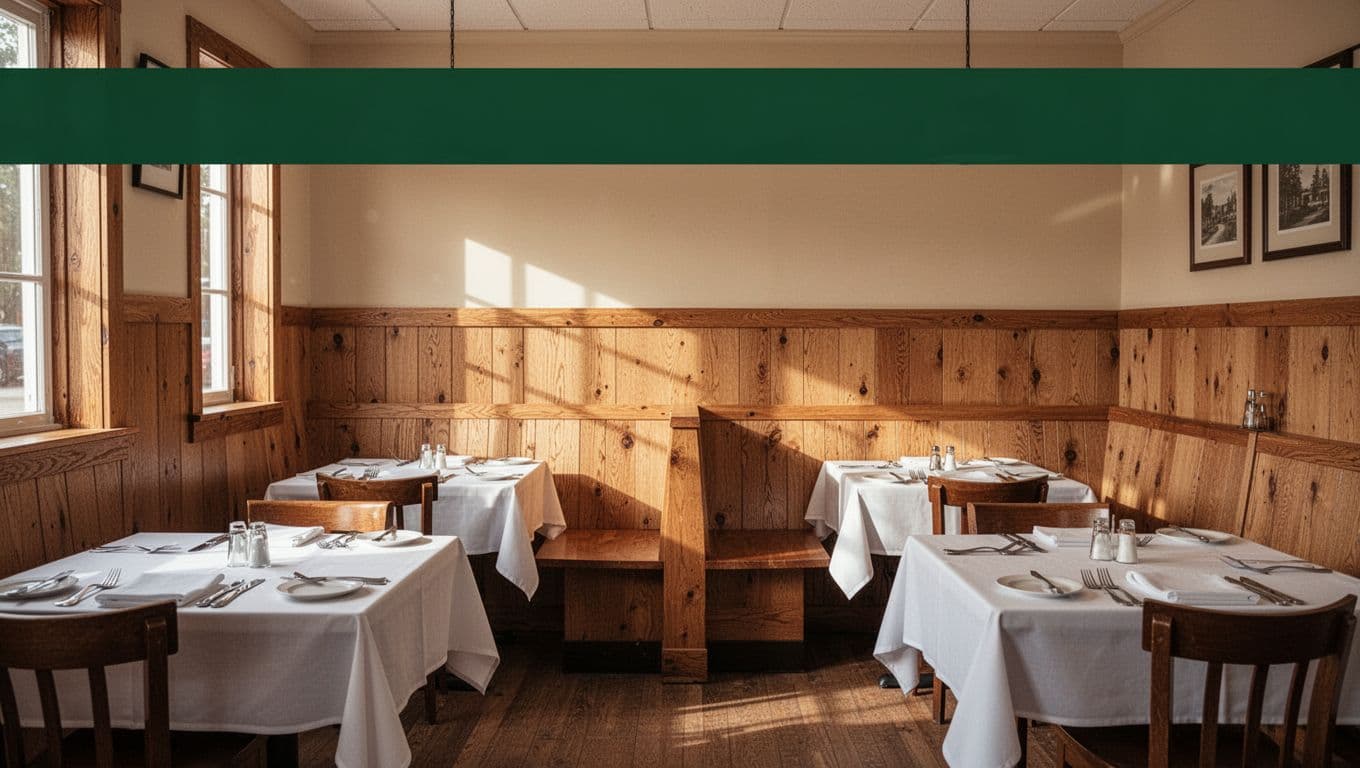 Neatly arranged wooden tables fill a warm dining room featuring rustic wood-paneled walls. A prominent dark-green banner spans the top with the clean, bold white text Local Eats displayed prominently.