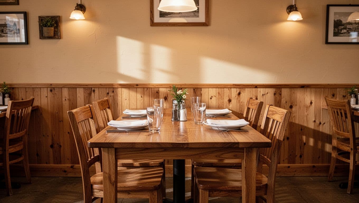 A rustic wooden dining table sits centered in a quaint eatery, bathed in warm ambient glow. Overhead, a dark green header displays white text while sunlight softly highlights the clean chairs.