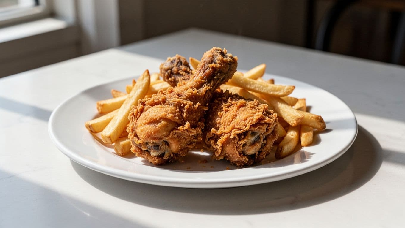 A plate of crispy fried chicken and golden fries served on a simple table.
