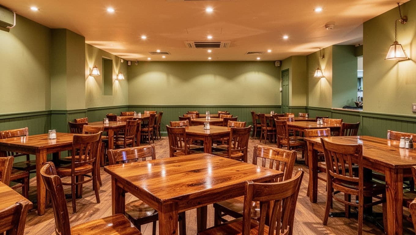 Rows of neatly arranged wooden tables and chairs fill a sunlit dining area featuring warm ambient lighting. A bold dark-green header stripe across the top displays geometric white text.