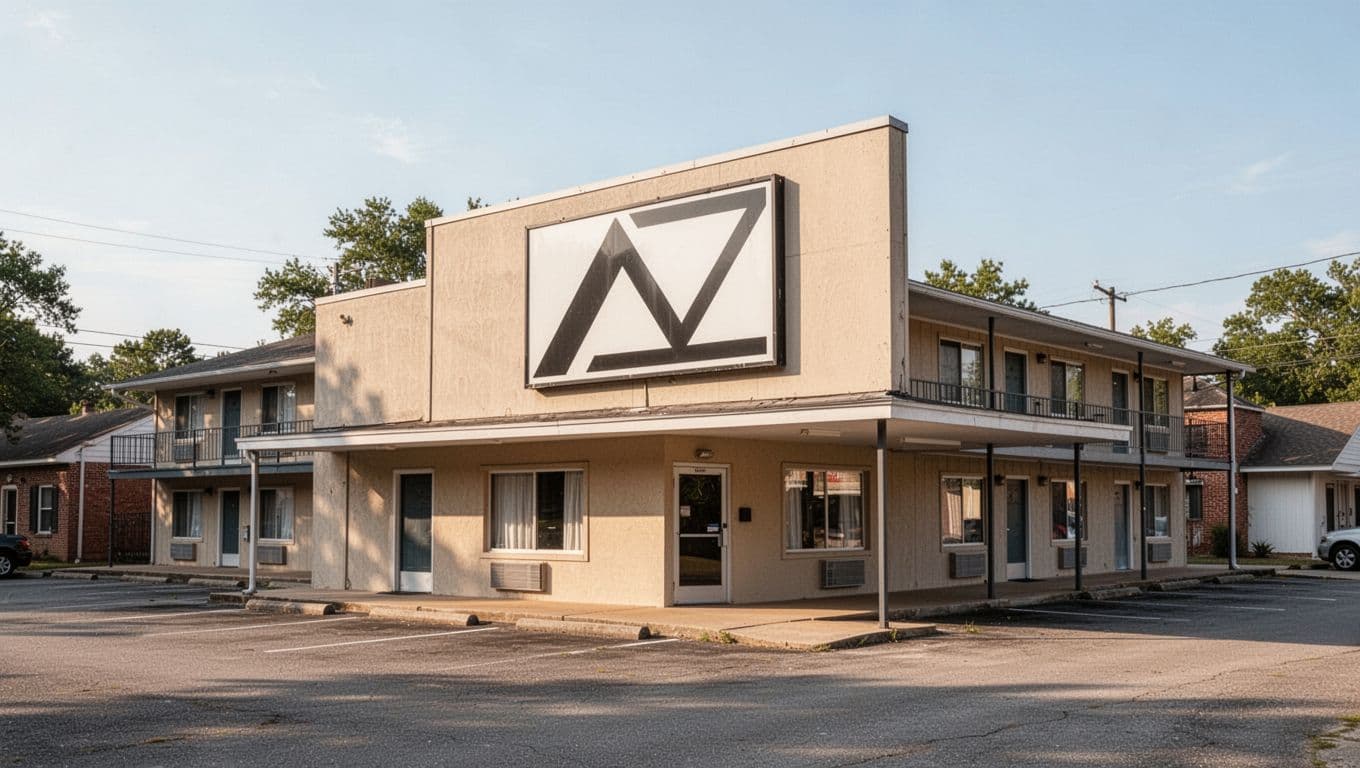 An exterior view of a Cullman motel with a bold headline band under natural light.