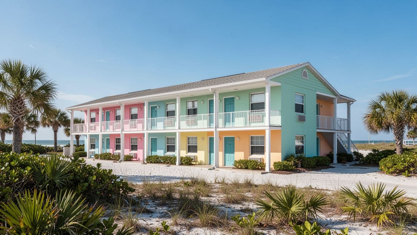 A pastel motel building stands by the coast under a clear blue sky with a green banner at the top.
