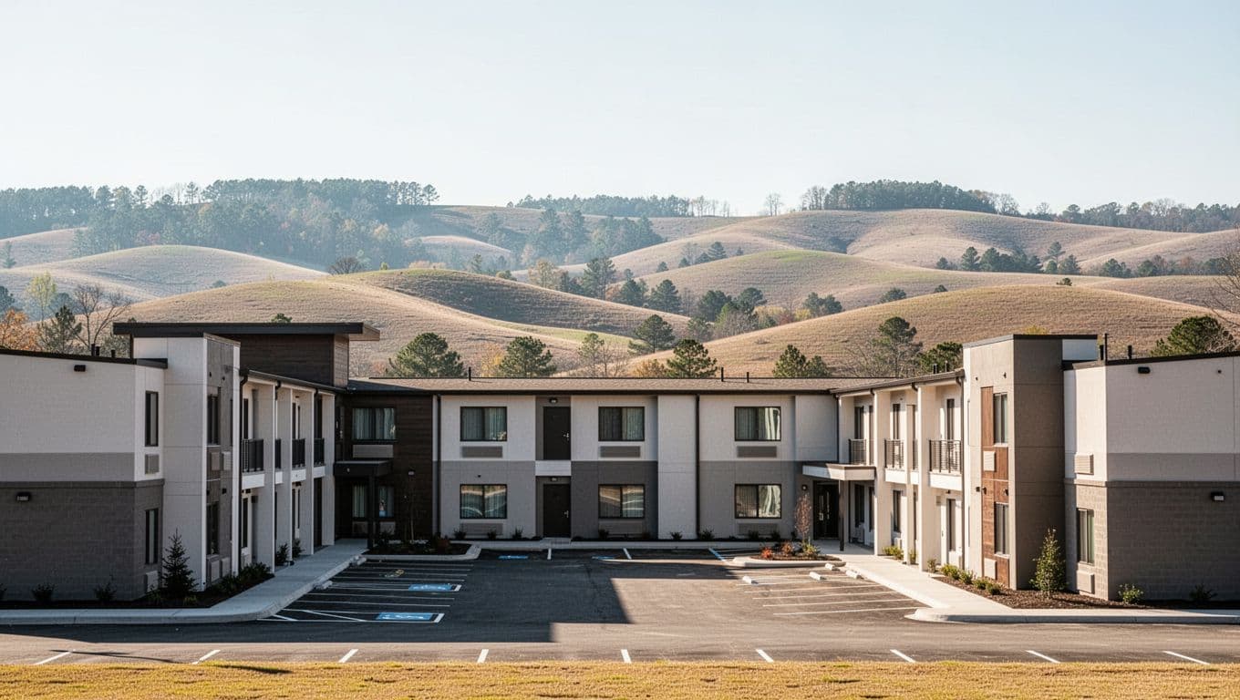A modern motel exterior set against rolling green hills under bright sunlight.