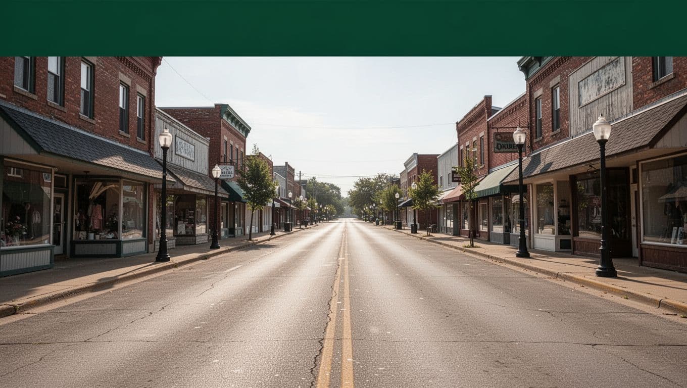 A quiet road in a small American town lined with low-rise commercial buildings under a sunny sky.