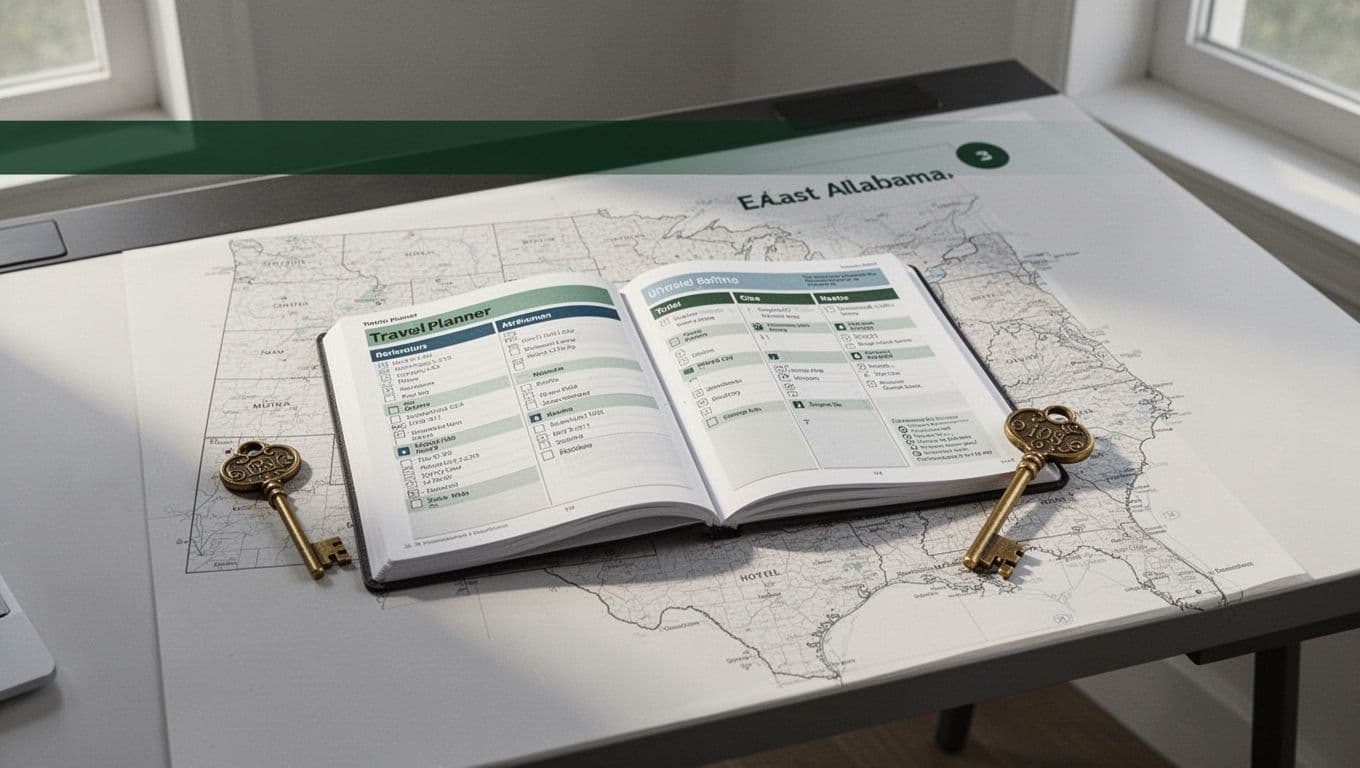 A desk planner and room key under a bold dark green headline.