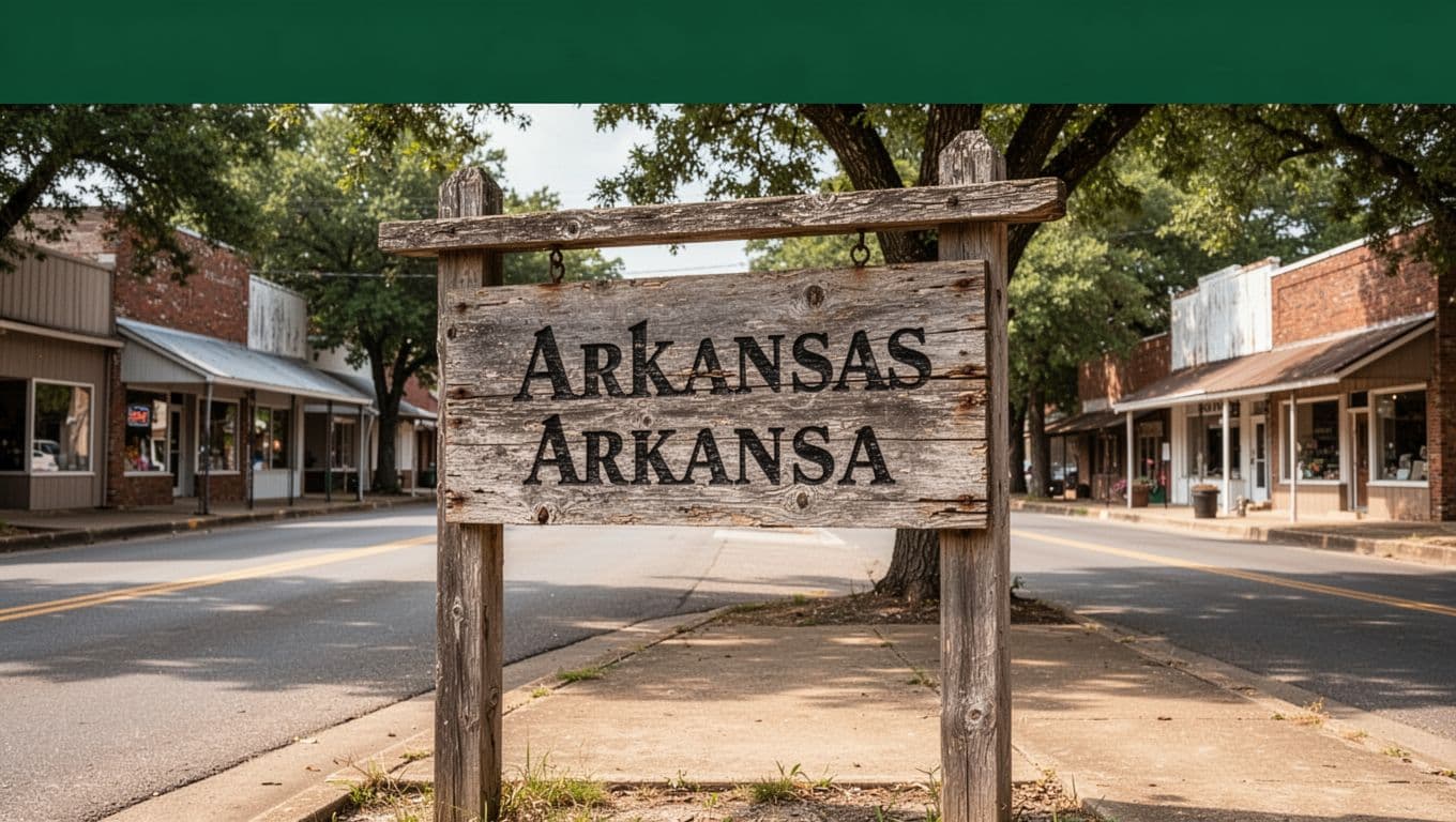 A rustic wooden sign stands prominently on a quiet small-town street in Arkansas. The words Eat Local are displayed in bold geometric font against a deep green header band above.