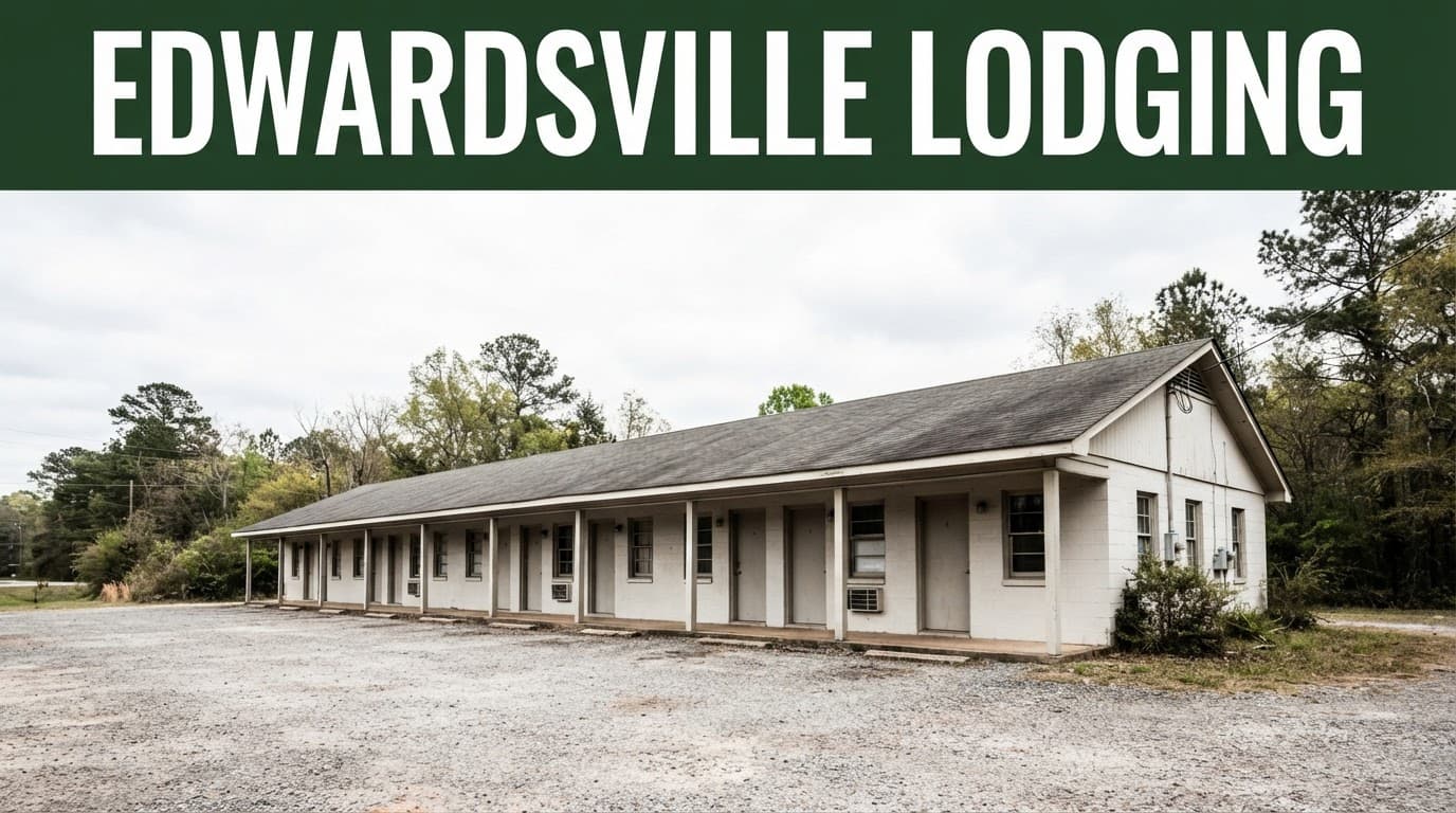 An exterior view of a modest vintage roadside motel under a bright overcast sky.