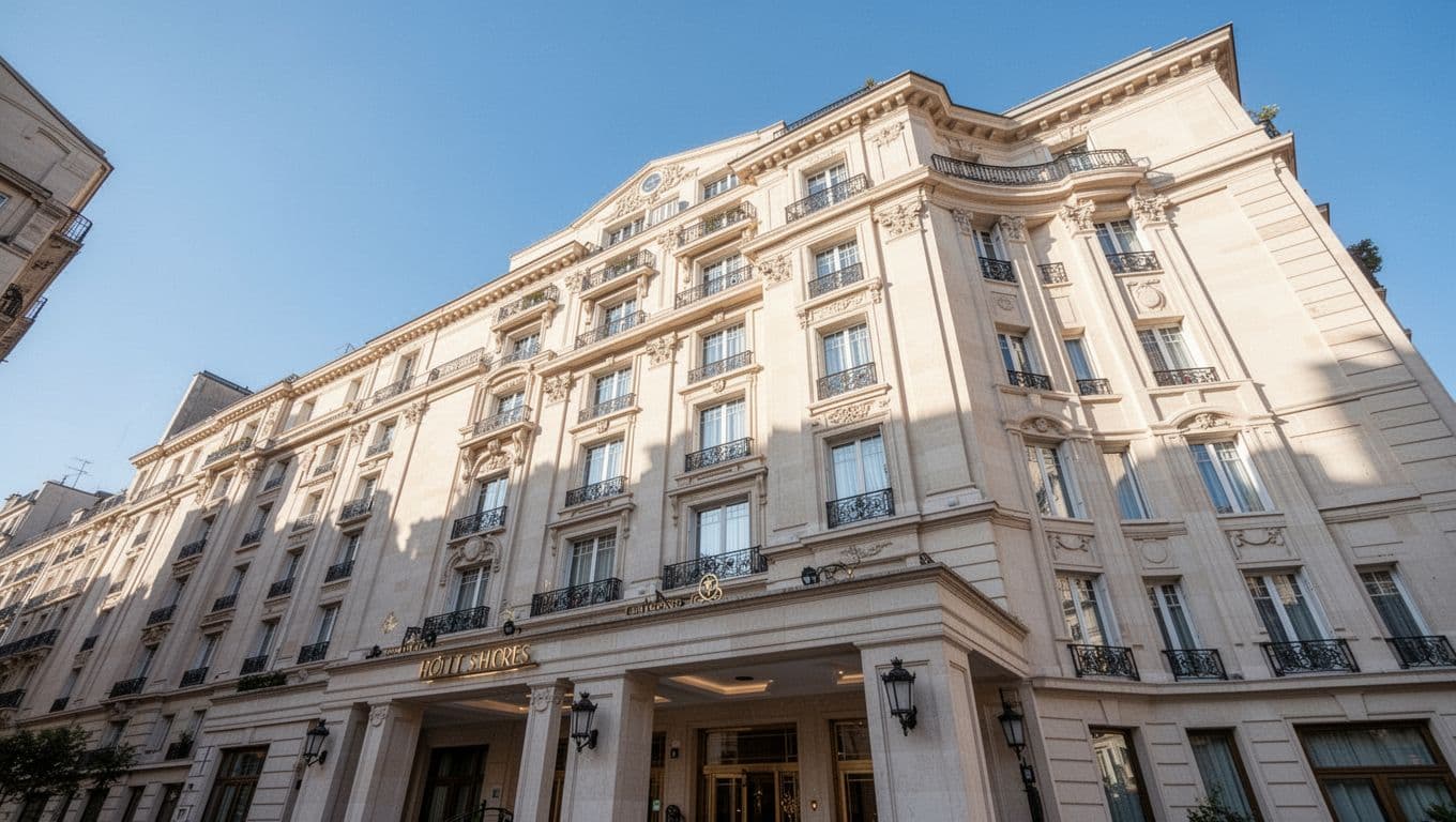 A low-angle view captures a modern hotel facade reaching toward a cloudless blue sky. A dark green header band features the words Lodging Options printed in a clean, bold sans-serif font.