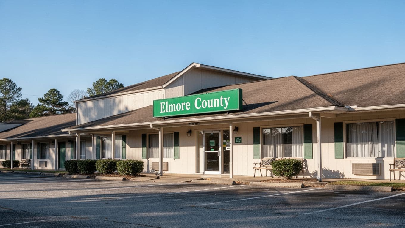 A clean motel building exterior under a clear blue sky in Alabama.