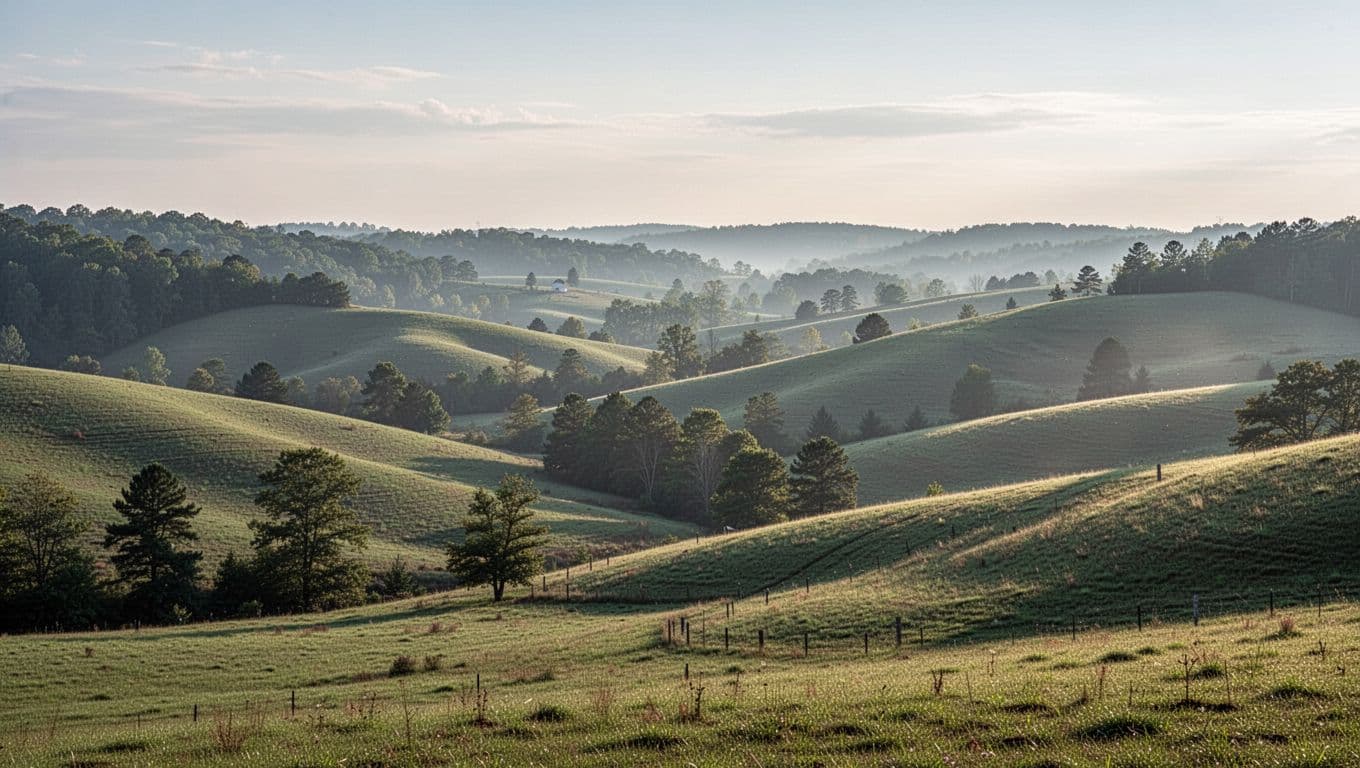Rolling green hills under a soft morning sky in a quiet Alabama valley.