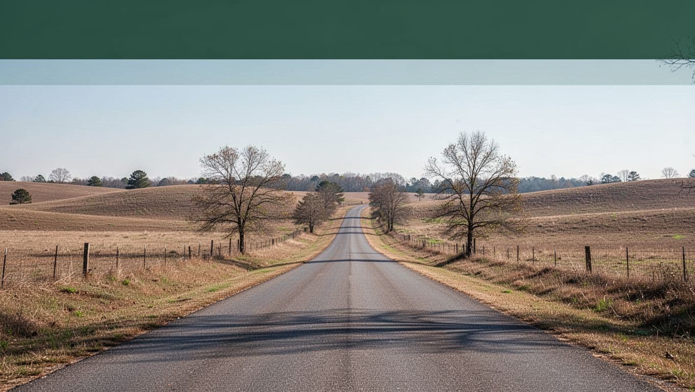 Quiet country road in Etowah County with a Travel Planning banner.