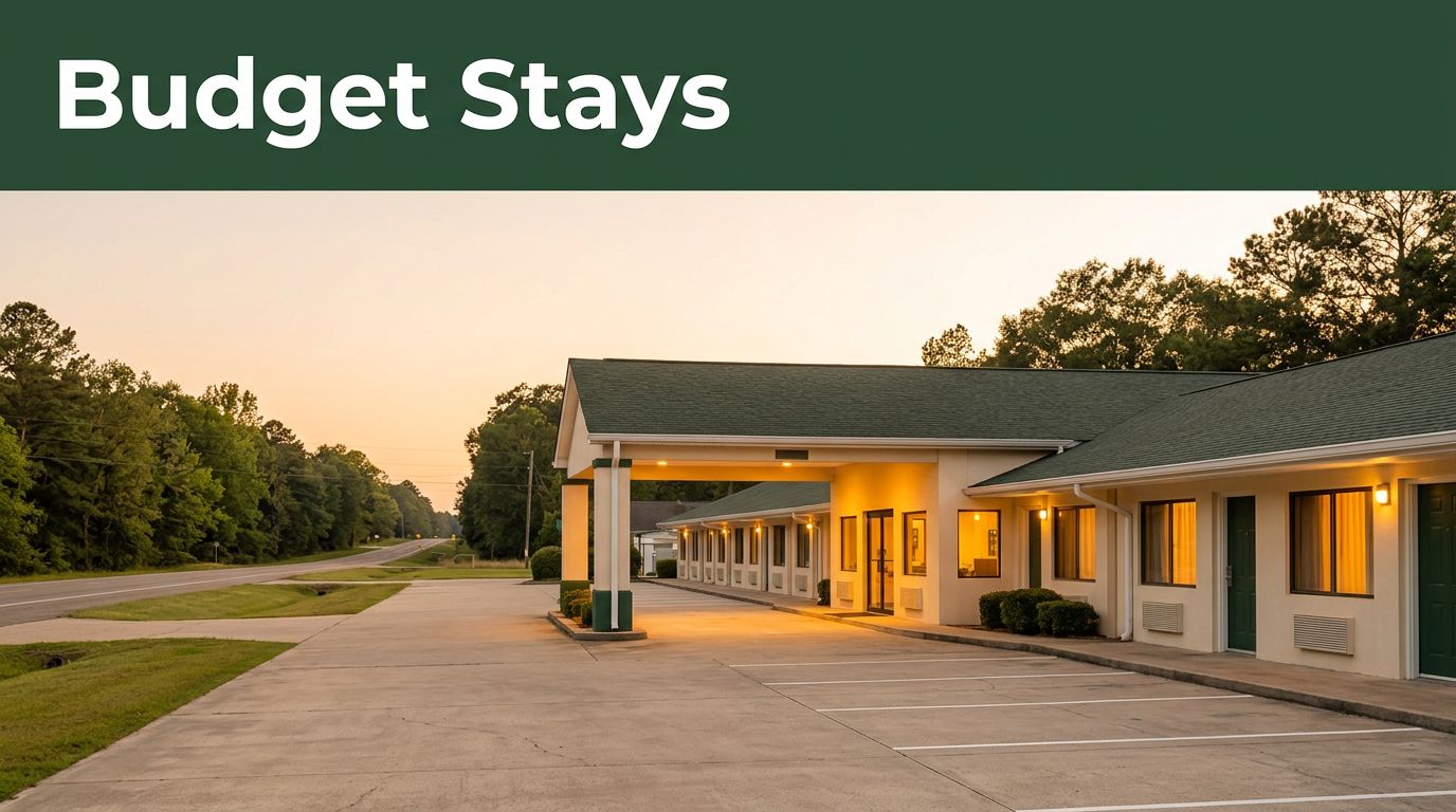 A quiet roadside economy motel along a rural highway during golden hour.