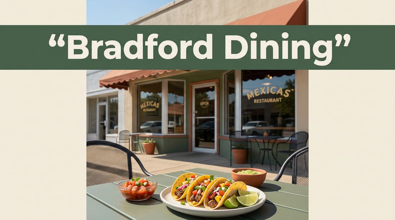 Tacos, salsa, and lime sit on an outdoor table before a sunny Bradford restaurant storefront.