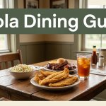 A rustic restaurant table with catfish, barbecue, coleslaw, and iced tea.