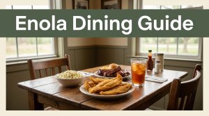 A rustic restaurant table with catfish, barbecue, coleslaw, and iced tea.
