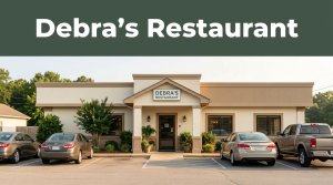 Roadside restaurant exterior with greenery, parked cars, and a dark-green header.