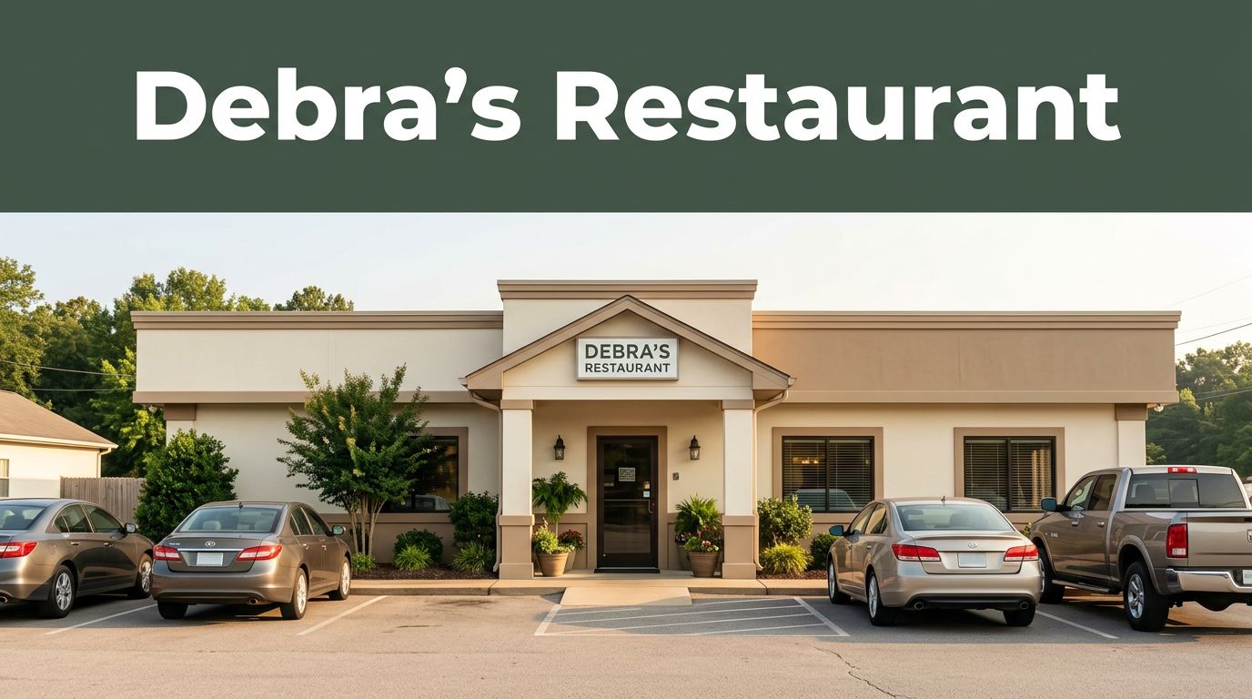 Roadside restaurant exterior with greenery, parked cars, and a dark-green header.