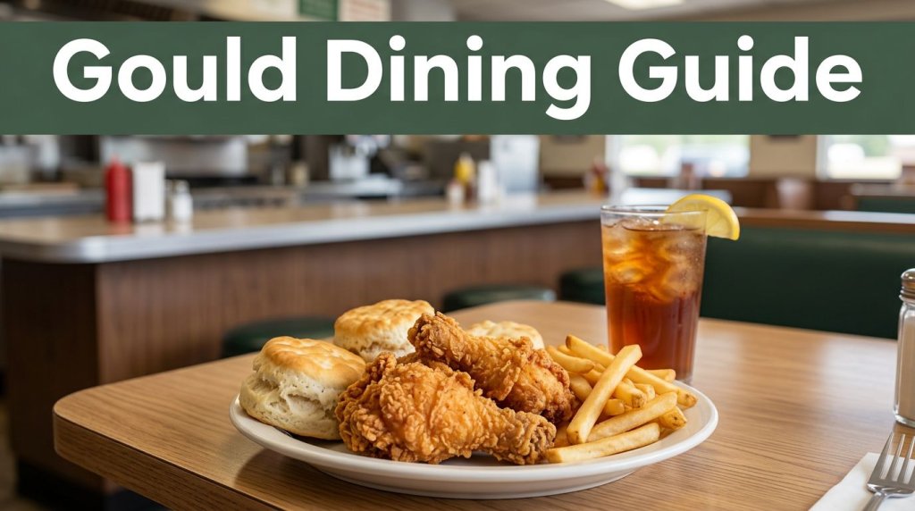 Fried chicken, biscuits, fries, and iced tea on a diner table.