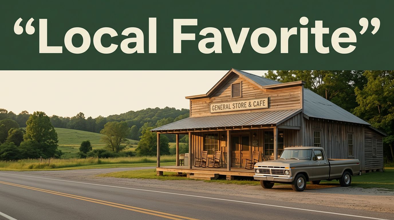 A rural Arkansas restaurant and store beside a quiet highway with a porch and pickup truck.