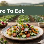 A seasonal farm-to-table meal on a wooden table with a blurred garden behind it.