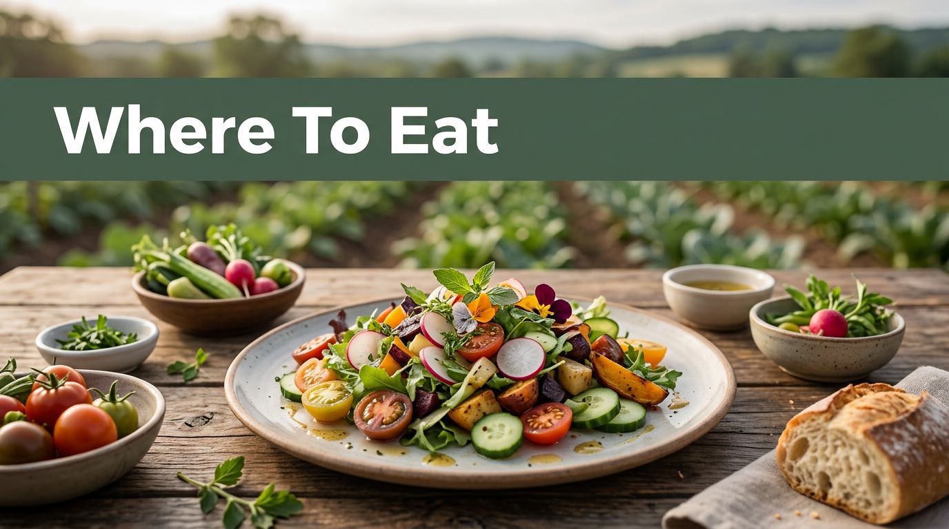 A seasonal farm-to-table meal on a wooden table with a blurred garden behind it.