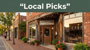 Rustic Arkansas restaurant storefront with greenery, warm light, and a Local Picks banner.