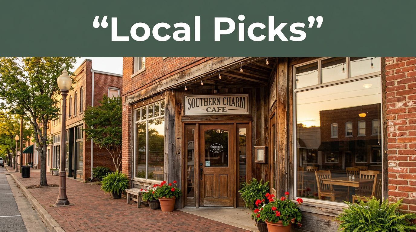 Rustic Arkansas restaurant storefront with greenery, warm light, and a Local Picks banner.