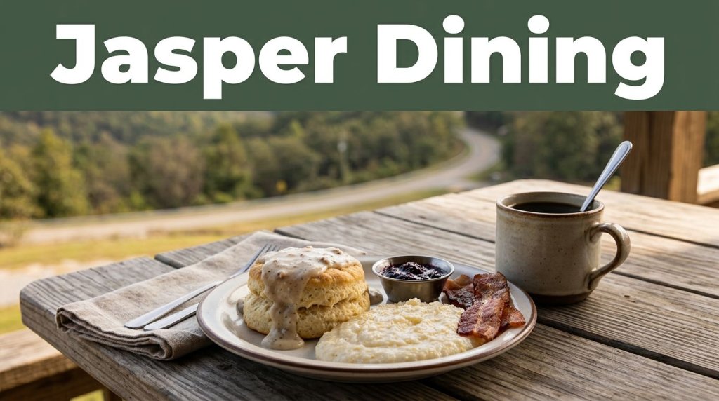 A Southern breakfast and coffee on a rustic café table with Ozark hills behind it.
