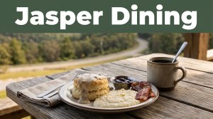 A Southern breakfast and coffee on a rustic café table with Ozark hills behind it.