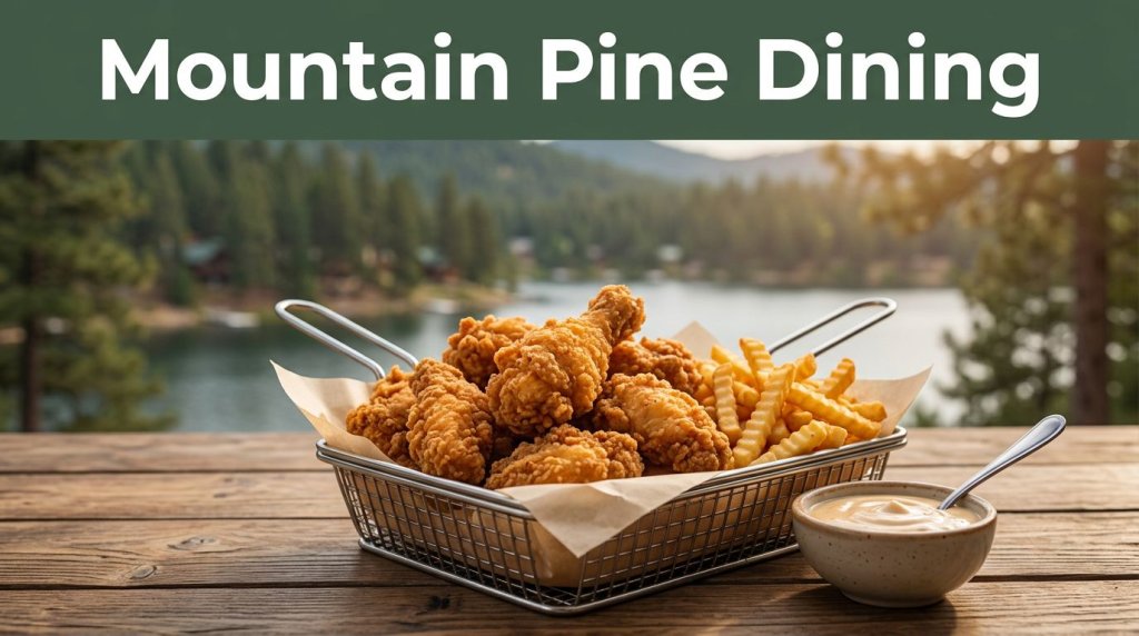 Fried chicken, fries, and dipping sauce on a wooden table with a pine forest backdrop.