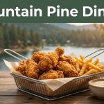 Fried chicken, fries, and dipping sauce on a wooden table with a pine forest backdrop.