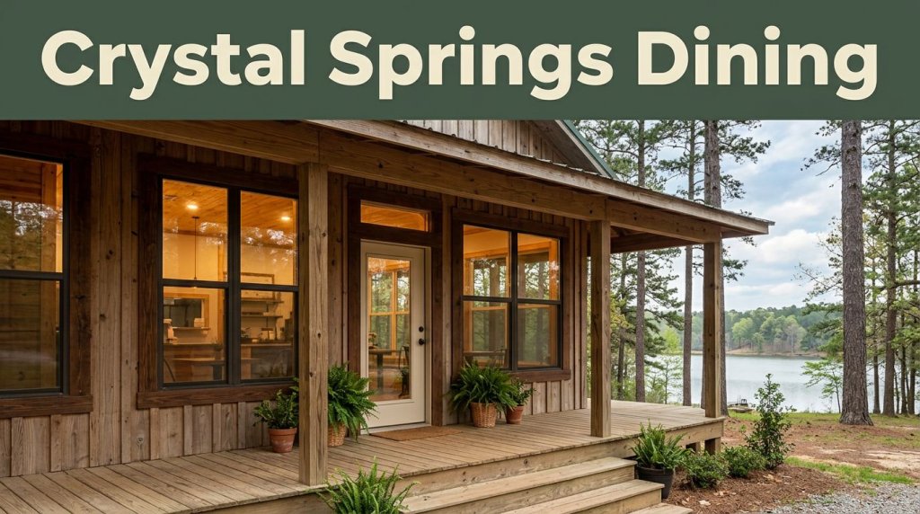 Rustic café with a wooden porch, glowing windows, and forested lake scenery.