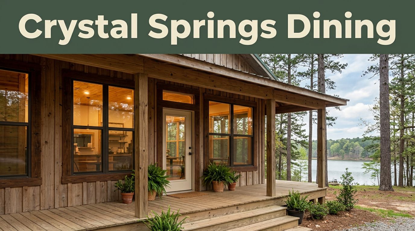 Rustic café with a wooden porch, glowing windows, and forested lake scenery.