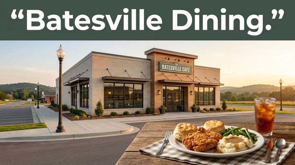 Batesville café with a plated Southern meal, Ozark foothills, and a green Batesville Dining banner.