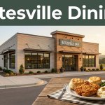 Batesville café with a plated Southern meal, Ozark foothills, and a green Batesville Dining banner.