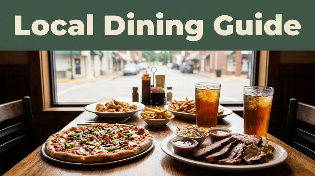 Rustic restaurant table with pizza, barbecue, seafood, fries, and iced tea by a main street window.