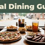 Rustic restaurant table with pizza, barbecue, seafood, fries, and iced tea by a main street window.