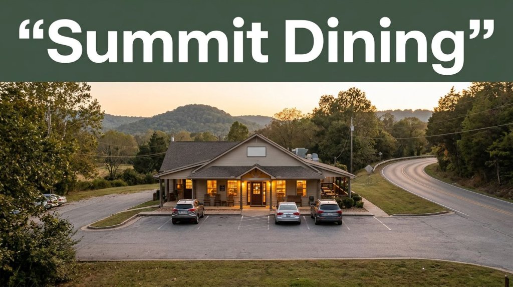 A warmly lit roadside restaurant with parking and Ozark hills at sunset.