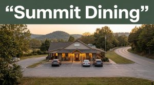 A warmly lit roadside restaurant with parking and Ozark hills at sunset.