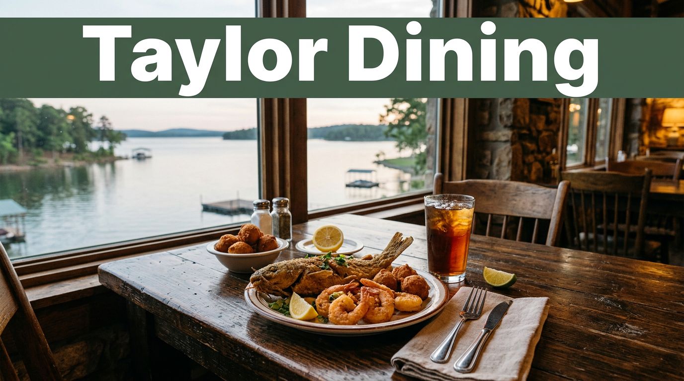 Southern seafood dinner with hush puppies and iced tea overlooks an Arkansas lake.