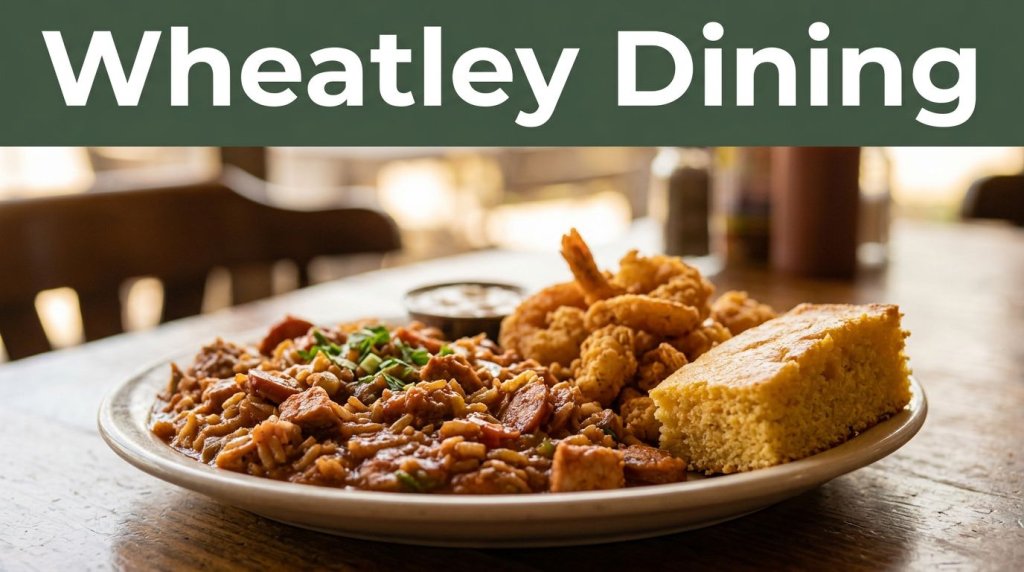 Jambalaya, fried seafood, and cornbread on a warmly lit restaurant table.