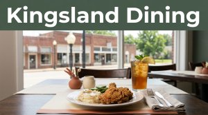 A Southern meal and iced tea sit on a restaurant table overlooking Main Street.