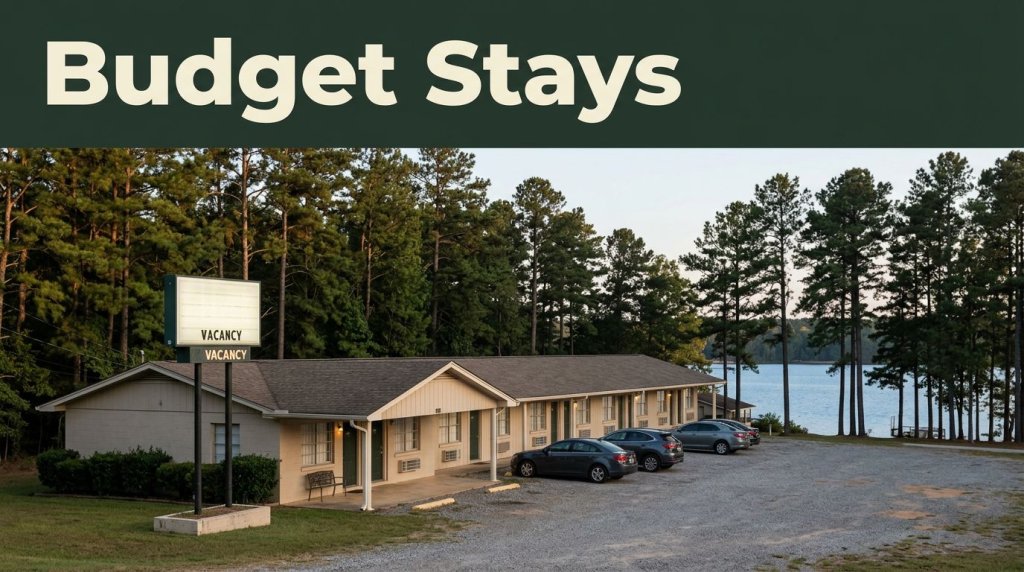 A modest roadside motel near Weiss Lake under warm evening light.